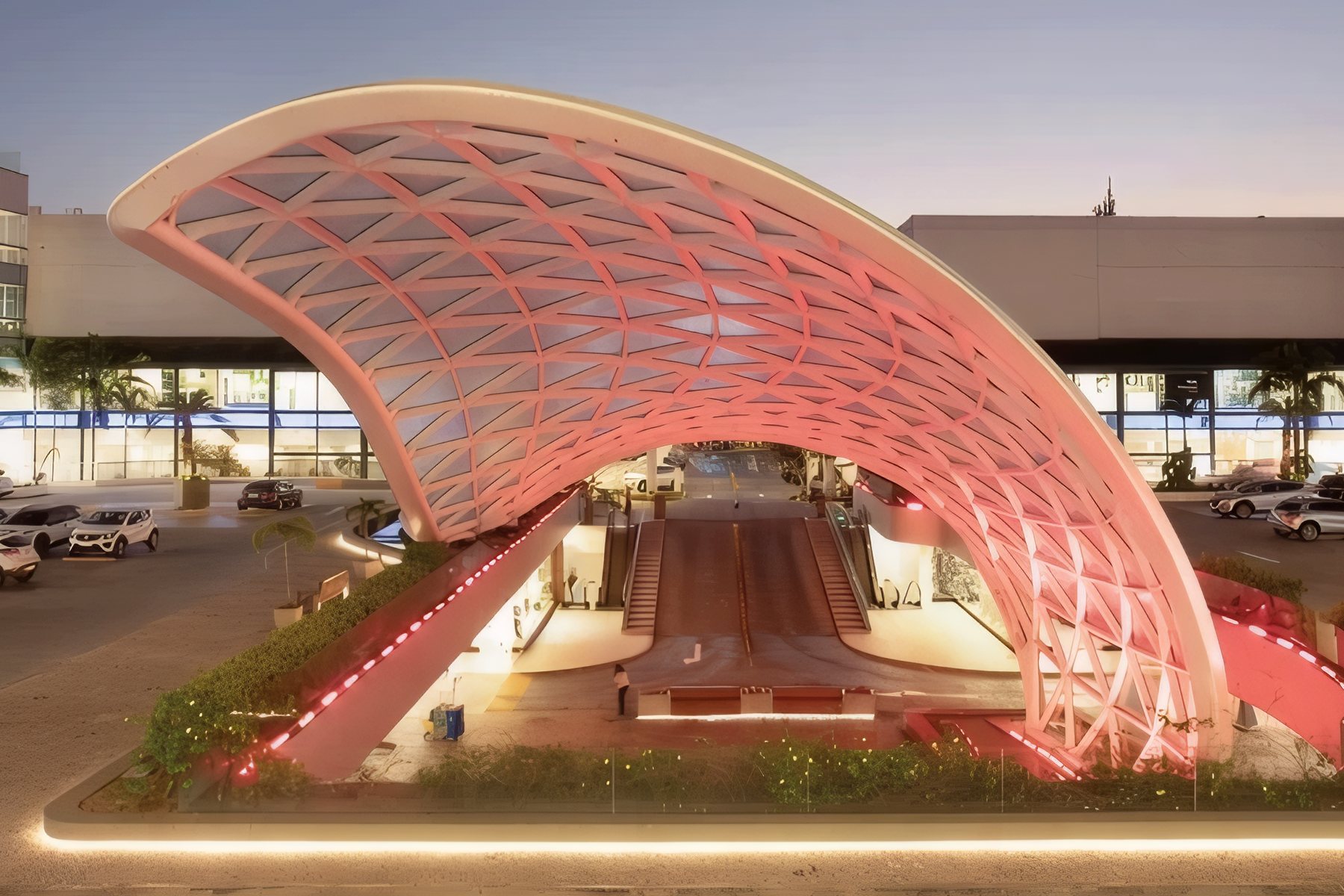 Onda Carioca by Nir Sivan Architects: the canopy lit at dusk, CasaShopping, Rio de Janeiro