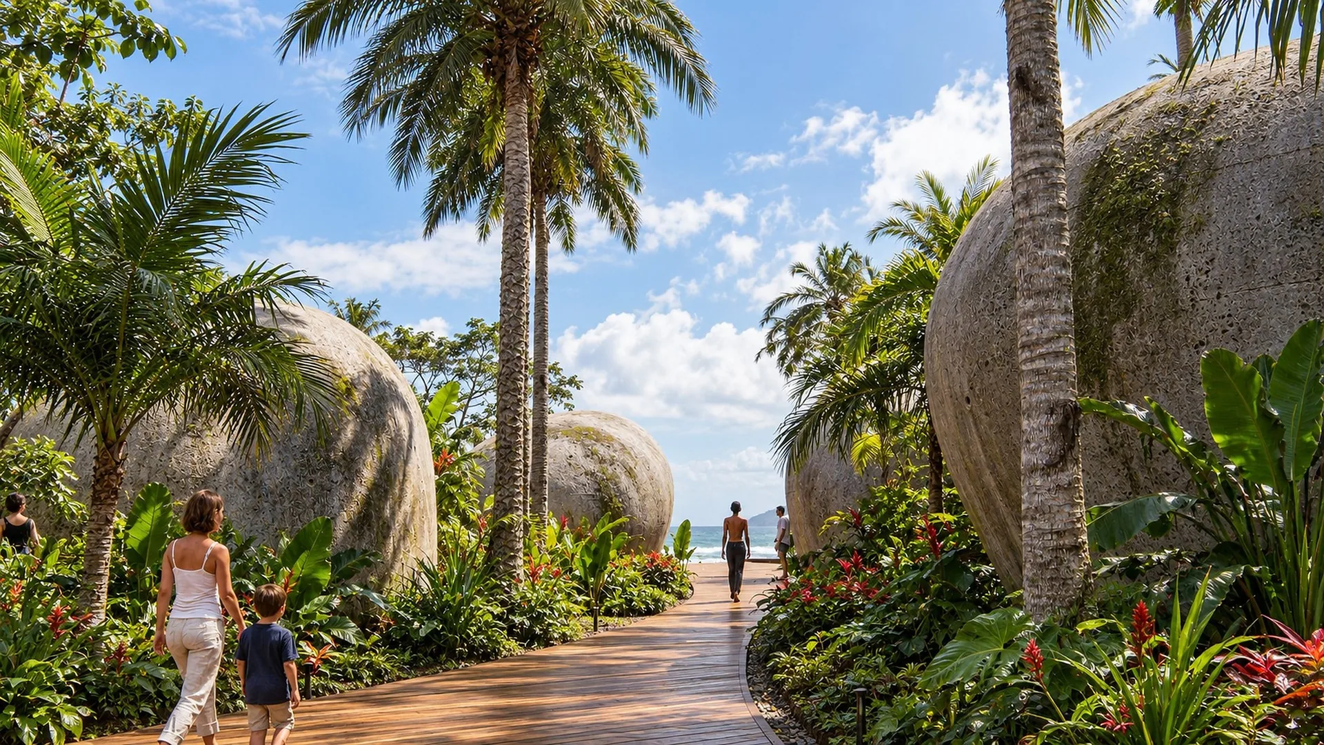 Nir Sivan Architects – Selva resort in Costa Rica, guests walking along a boardwalk between palm trees and sculpted dome suites