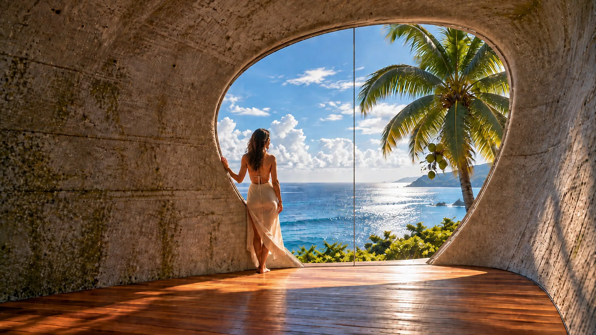 Nir Sivan Architects – Selva resort in Costa Rica, interior of a dome suite with a large oval window framing the ocean and a palm tree