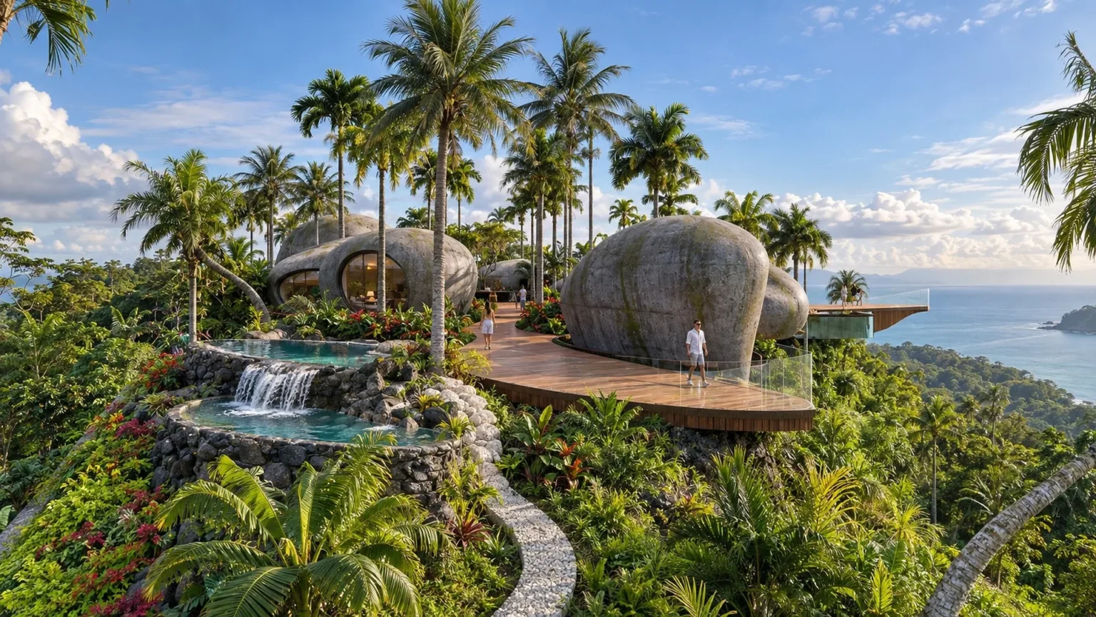 Nir Sivan Architects – Selva resort in Costa Rica, terrace with a waterfall pool and dome suites overlooking the ocean