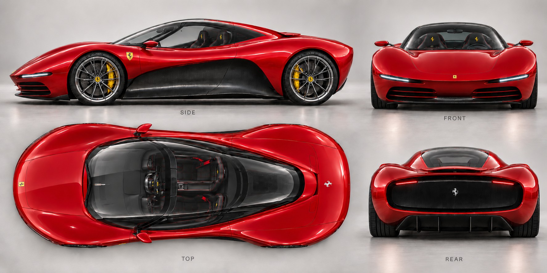 Dino reimagined by Nir Sivan: AI render of the four views (side, front, top, rear), made from his hand sketch