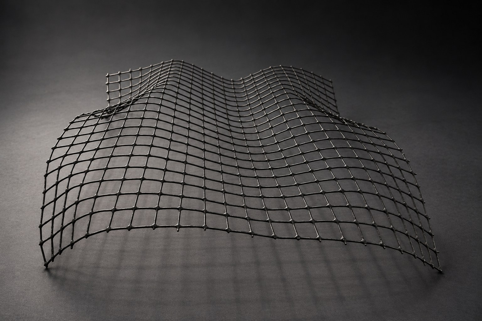 Nir Sivan Architects – Beyond the Gaze, sculpture (2004): a double-curved surface in square wire grid (cinematic light)