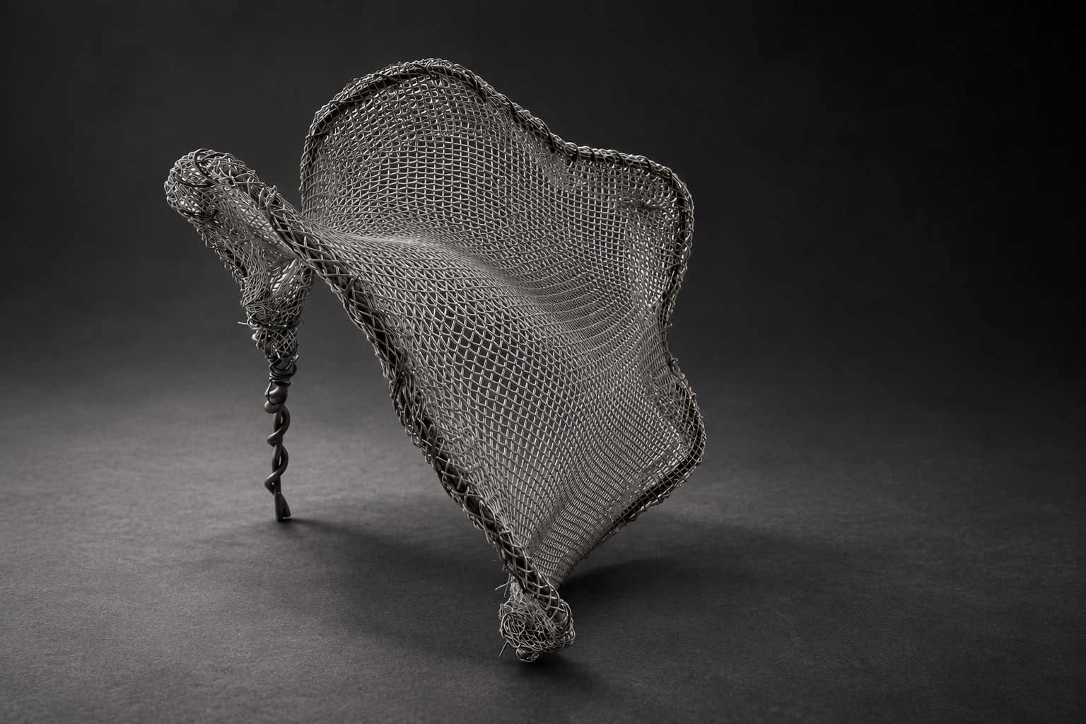 Nir Sivan Architects – Beyond the Gaze, sculpture (2004): an Iris-inspired wire-mesh element on twisted wire legs (cinematic light)