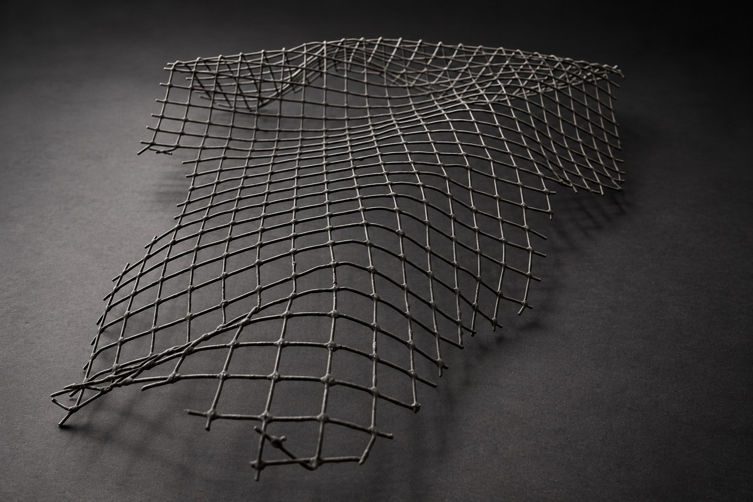 Nir Sivan Architects – Beyond the Gaze, sculpture (2004): a double-curved square wire grid surface (cinematic light)