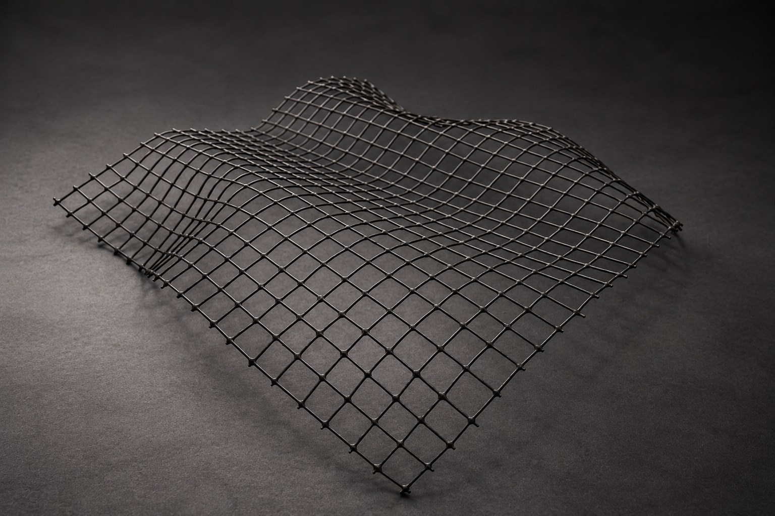 Nir Sivan Architects – Beyond the Gaze, sculpture (2004): a wave-shaped square wire grid surface (cinematic light)