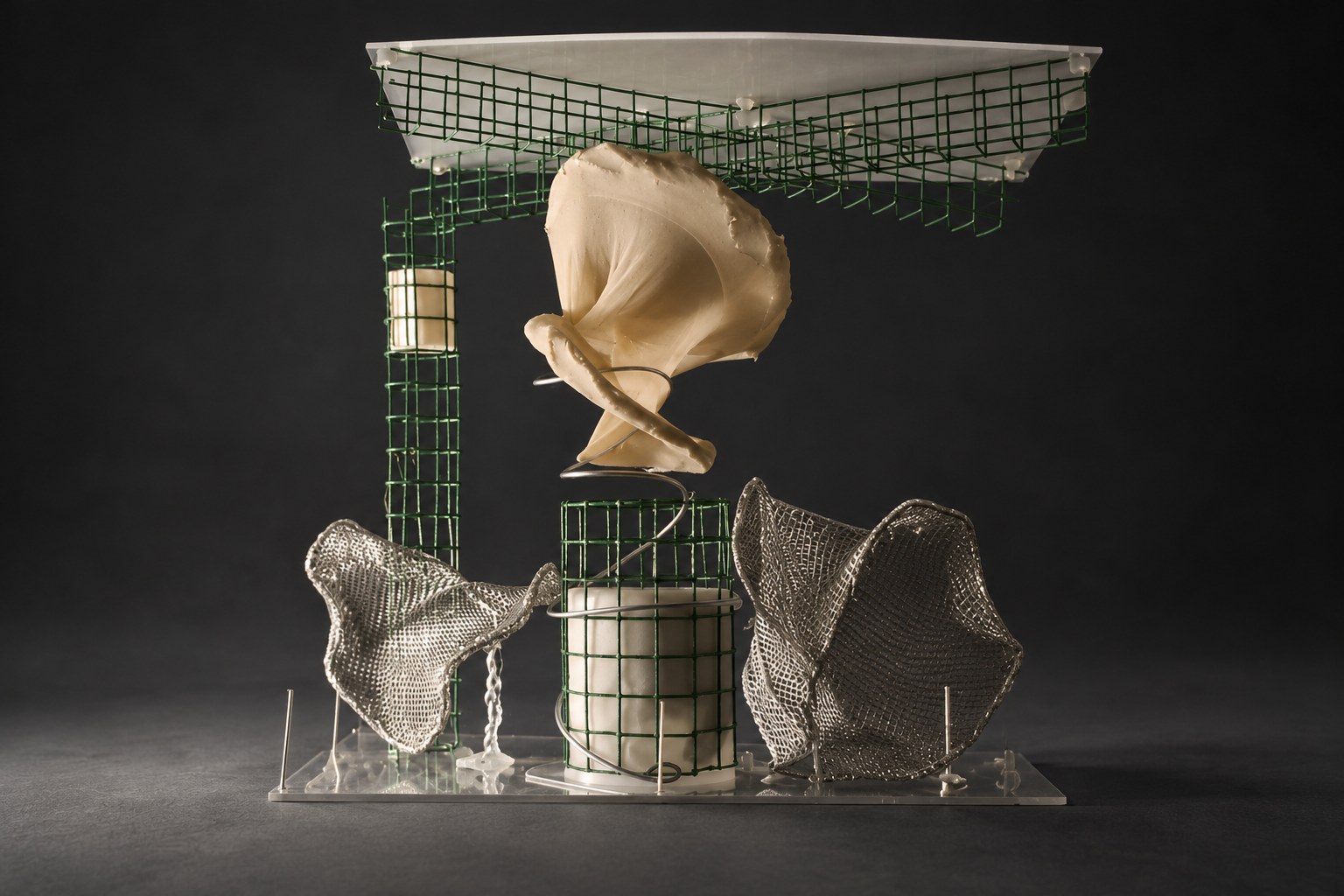 Nir Sivan Architects – Beyond the Gaze, sculpture (2004): the suspended composition: an Iris element above the cylinder, between clear mesh elements, on its wire frame (cinematic light)
