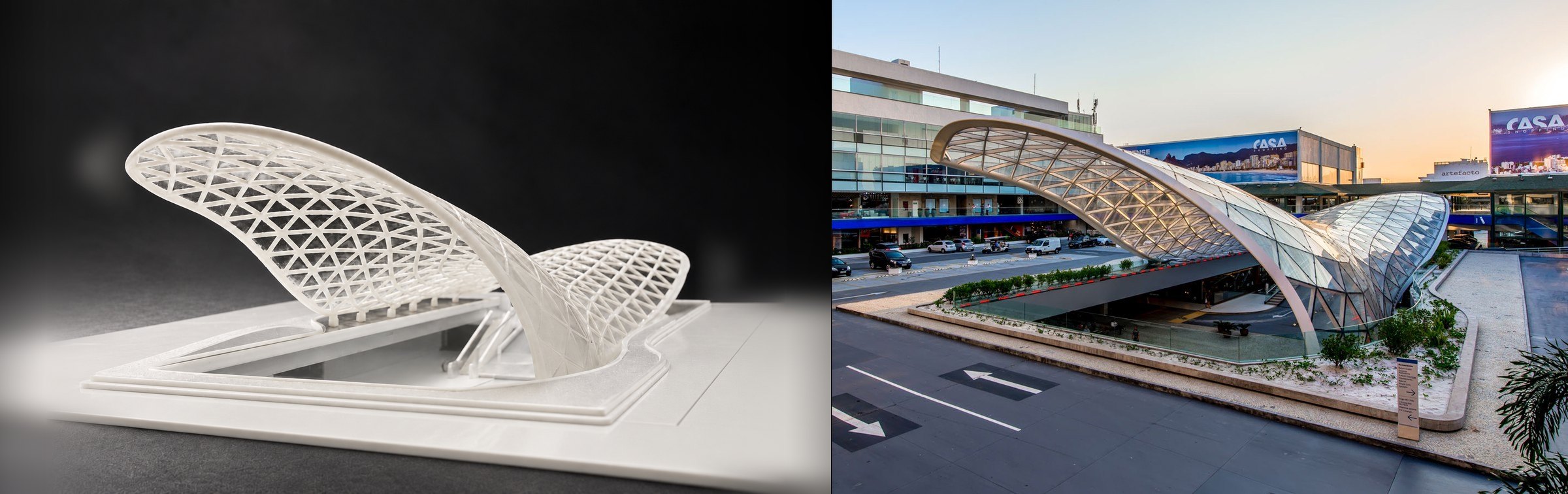 Nir Sivan Architects – Onda Carioca, Rio de Janeiro: the 3D-printed model (left) next to the built wave (right)
