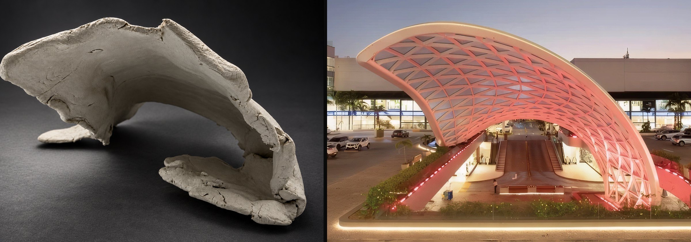 Nir Sivan Architects – Onda Carioca, Rio de Janeiro: the hand-sculpted clay study (left) next to the built wave (right)