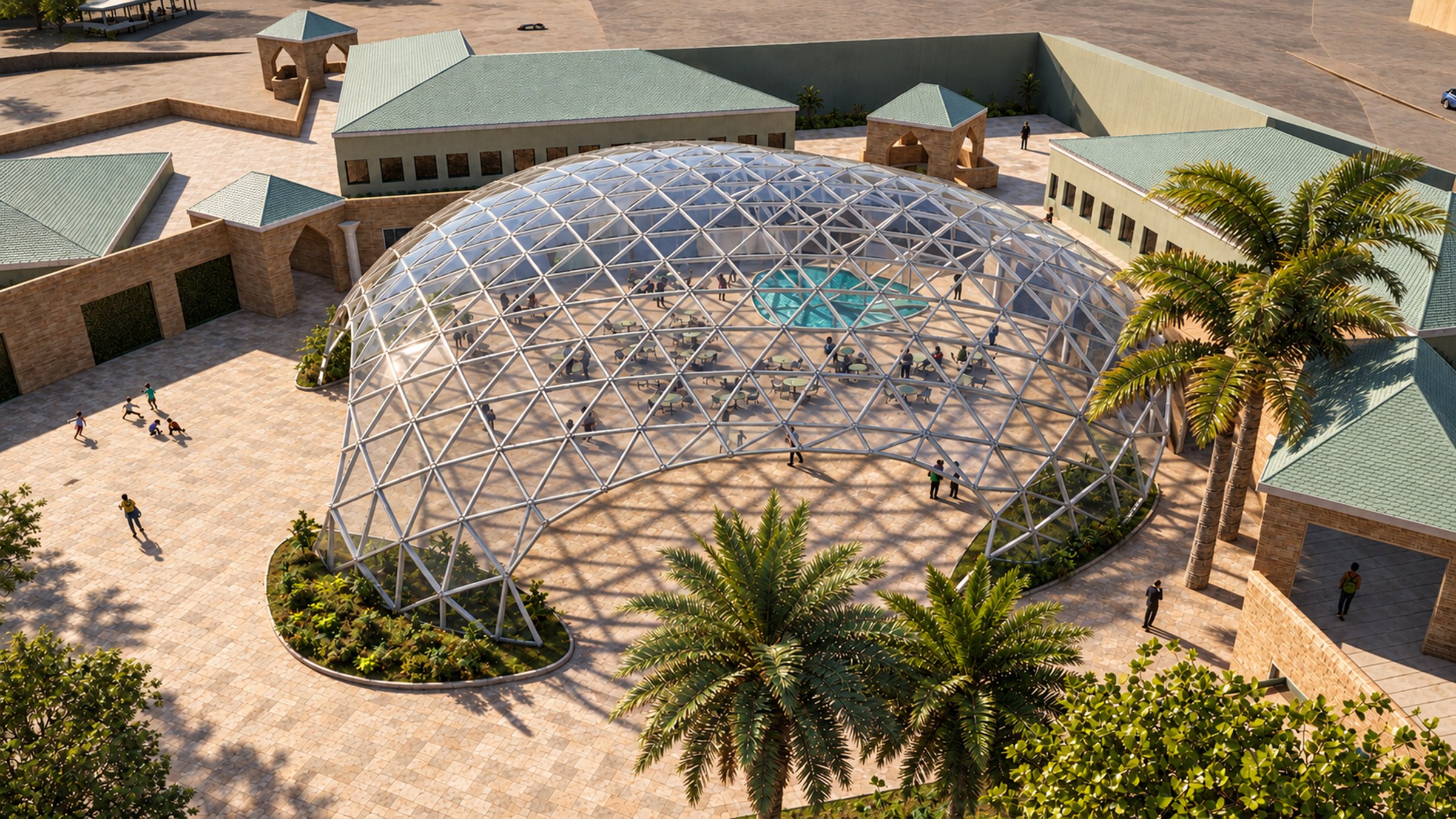 Nir Sivan Architects – REUT Heart social piazza, Jerusalem, Israel: aerial view of the gridshell canopy in the courtyard