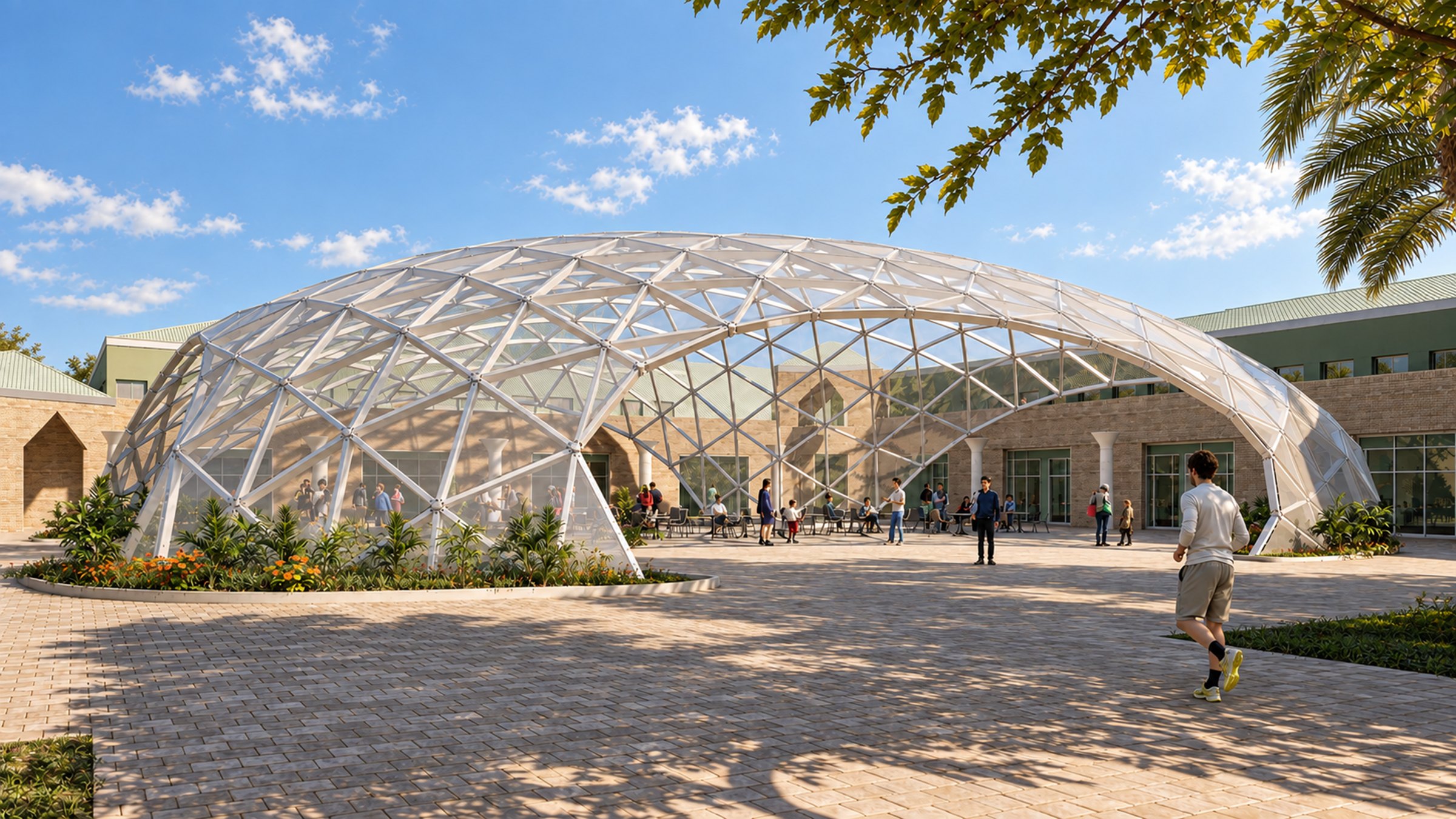 Nir Sivan Architects – REUT Heart social piazza, Jerusalem, Israel: the gridshell canopy seen from across the courtyard