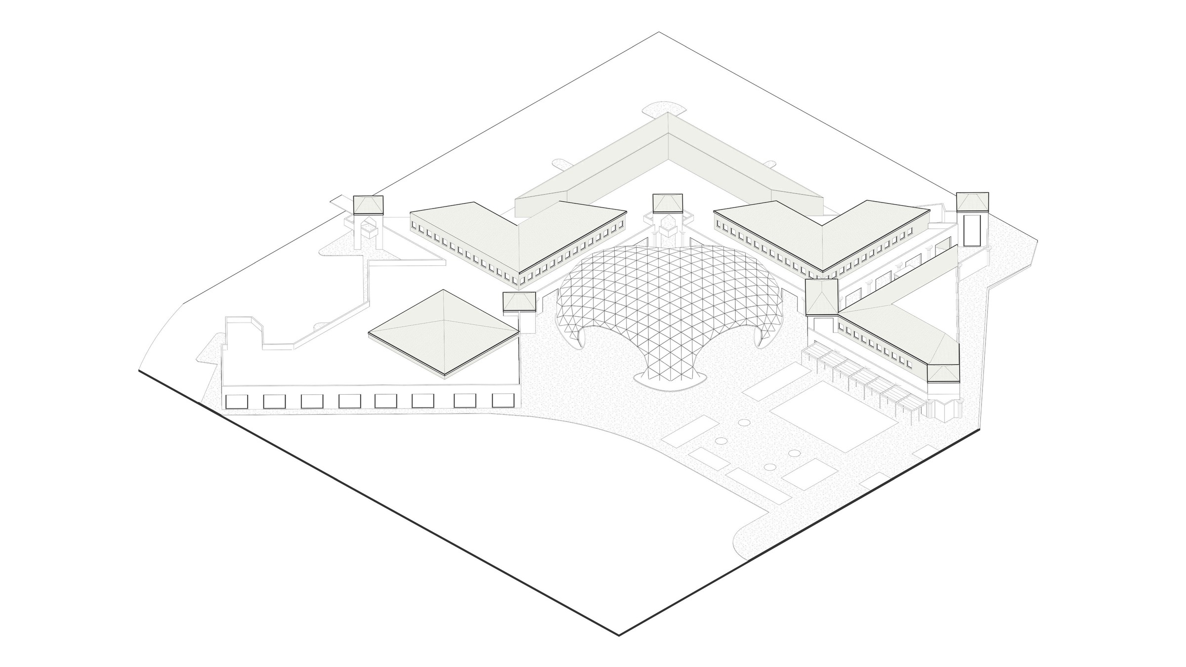 Nir Sivan Architects – REUT Heart social piazza, Jerusalem, Israel: isometric drawing of the courtyard with the new gridshell canopy at its centre