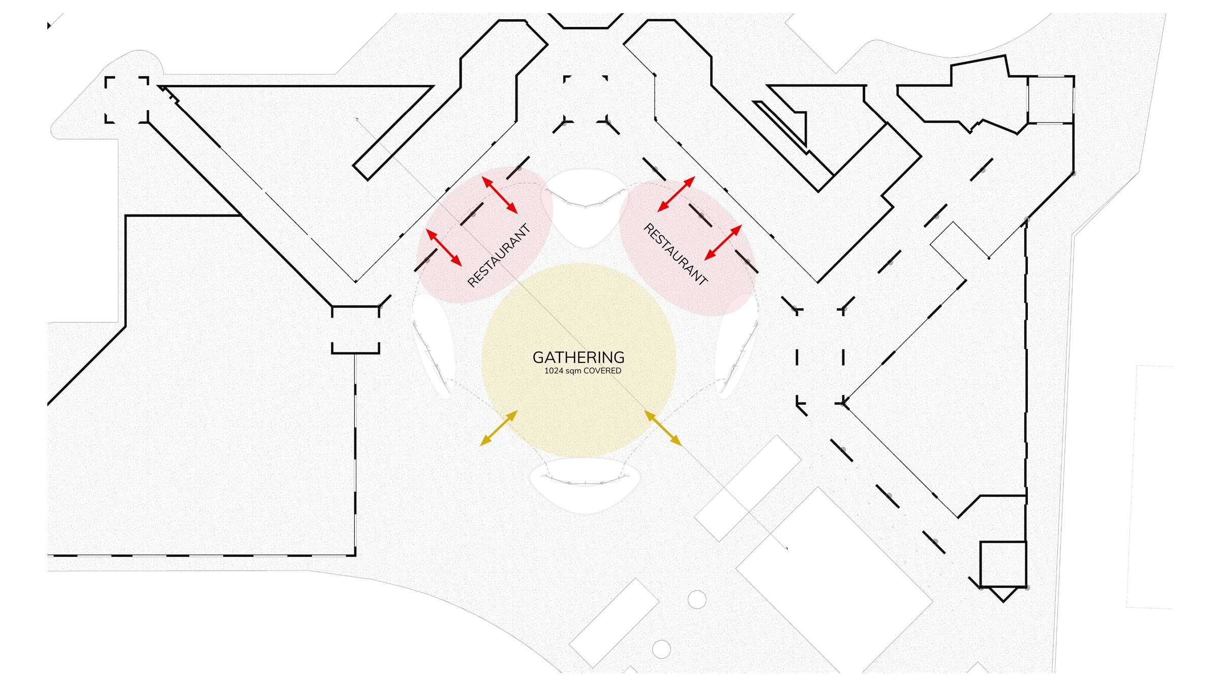 Nir Sivan Architects – REUT Heart social piazza, Jerusalem, Israel: areas plan, with the covered gathering space at the centre and two restaurants opening onto it