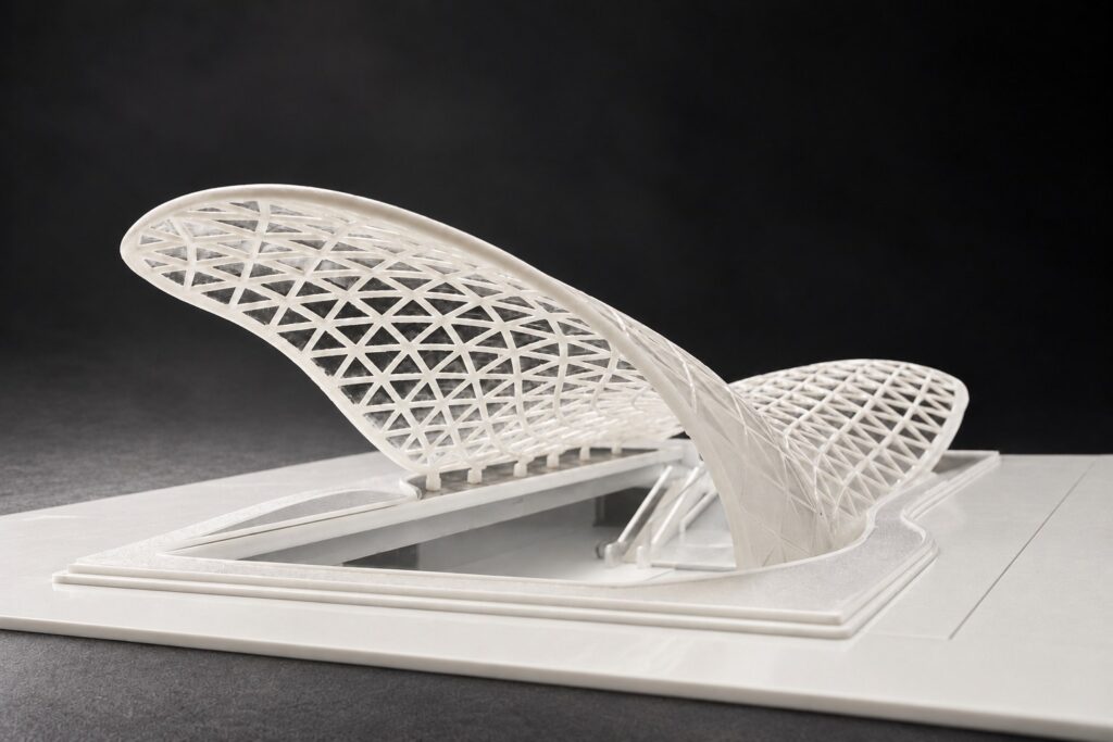 Nir Sivan Architects – 3D-printed model of Onda Carioca (2011): the gridshell in miniature, white print on its base