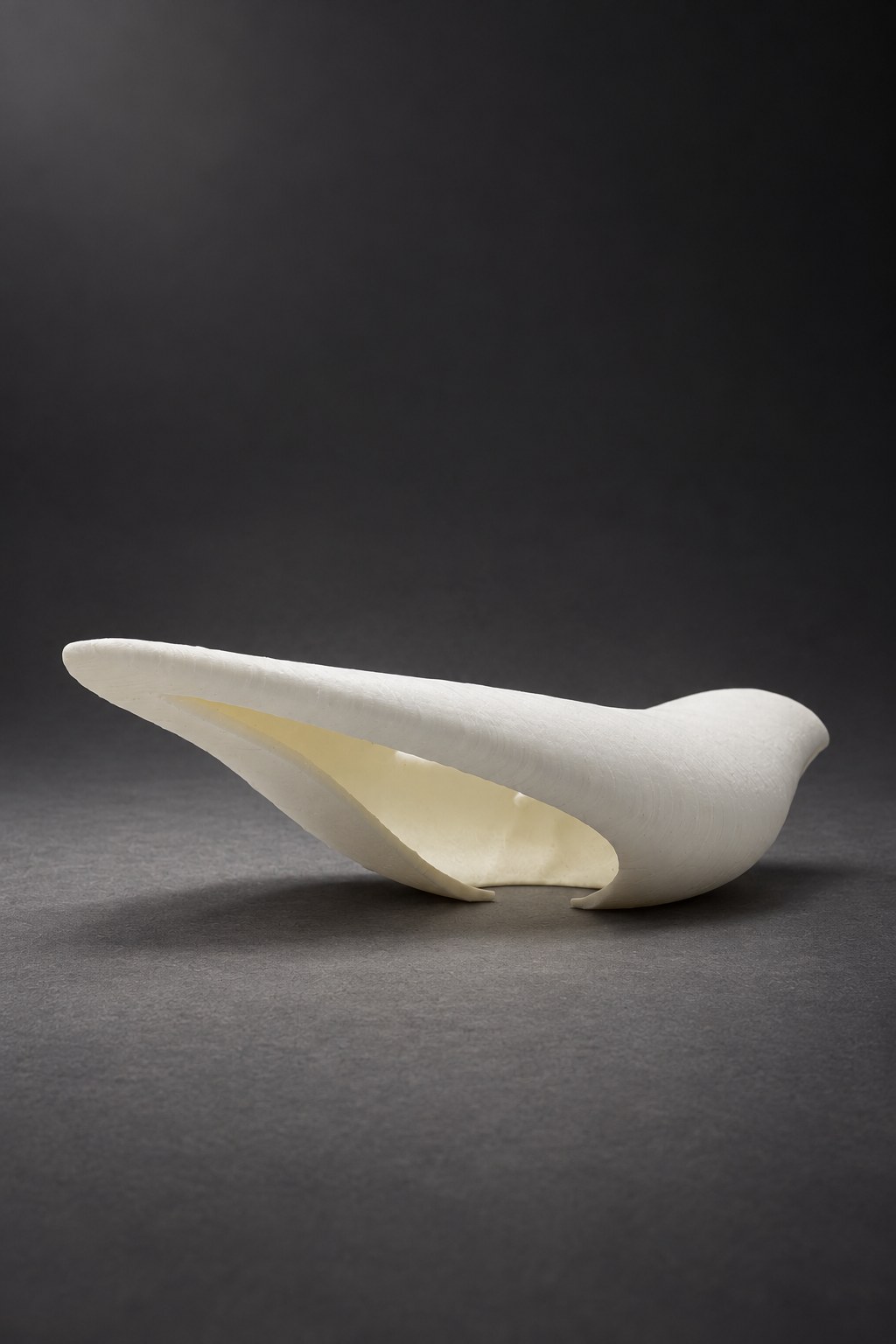 Nir Sivan Architects – Brazilian bird, Sabiá (2025): the 3D-printed bird tilted, showing the long opening underneath