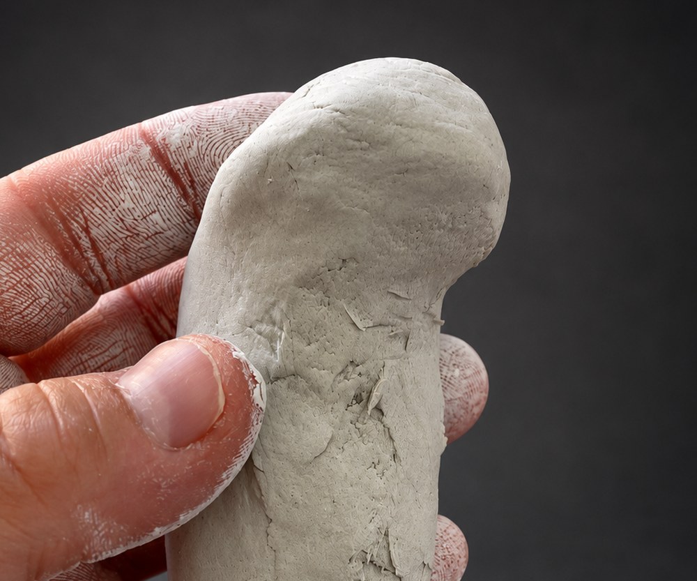Nir Sivan Architects – Falcon, Vision in Flight (2025): close-up of a fingertip pressing the clay of one volume