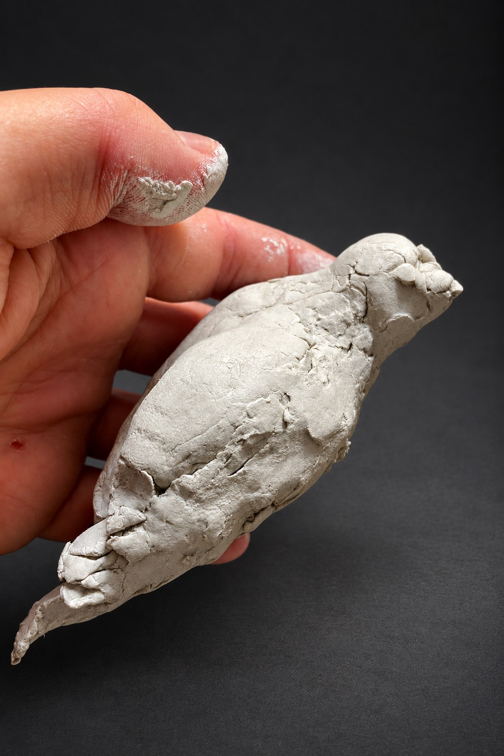 Nir Sivan Architects – Falcon, Vision in Flight (2025): Nir Sivan’s hands holding the falcon sculpted in white clay