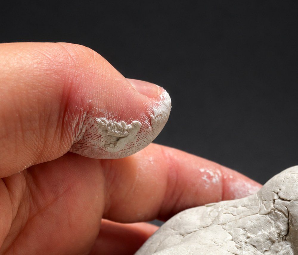 Nir Sivan Architects – Falcon, Vision in Flight (2025): close-up of the thumb with clay still on the skin