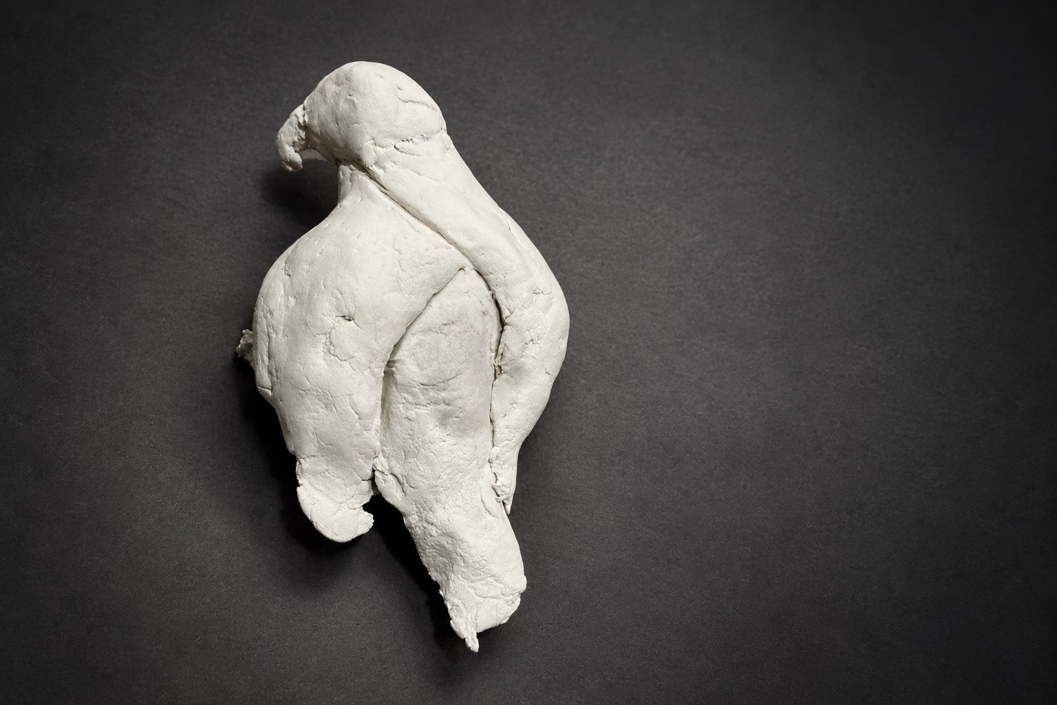 Nir Sivan Architects – Falcon, Vision in Flight (2025): the clay falcon lying on the dark stage (cinematic light)