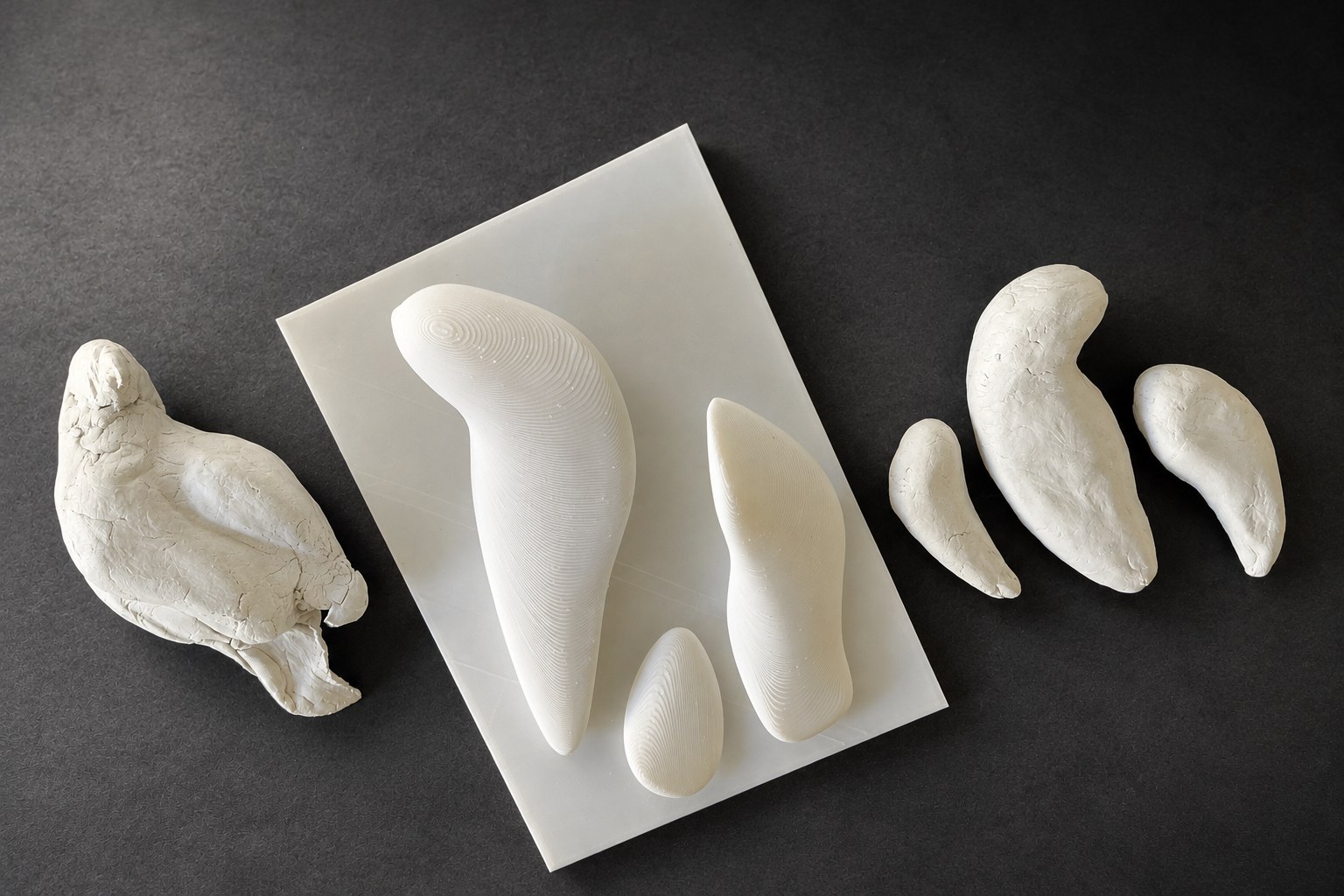 Nir Sivan Architects – Falcon, Vision in Flight (2025): the clay falcon, the 3D-printed volumes on their board and the clay volumes that came from it