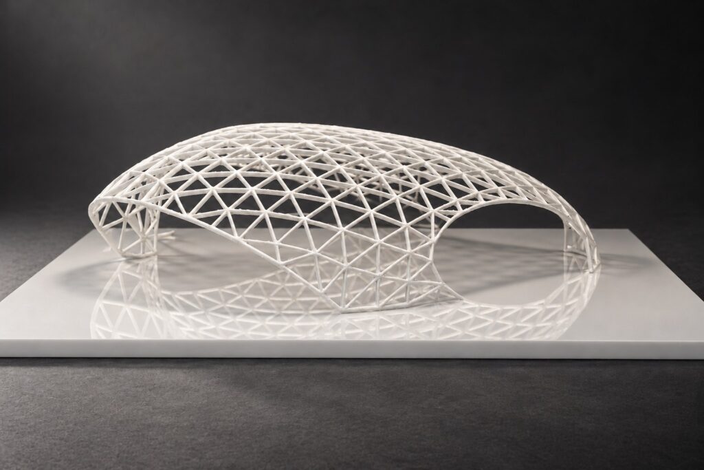Nir Sivan Architects – 3D-printed model of the REUT Heart gridshell canopy (2025): the white lattice dome on its board (cinematic light)