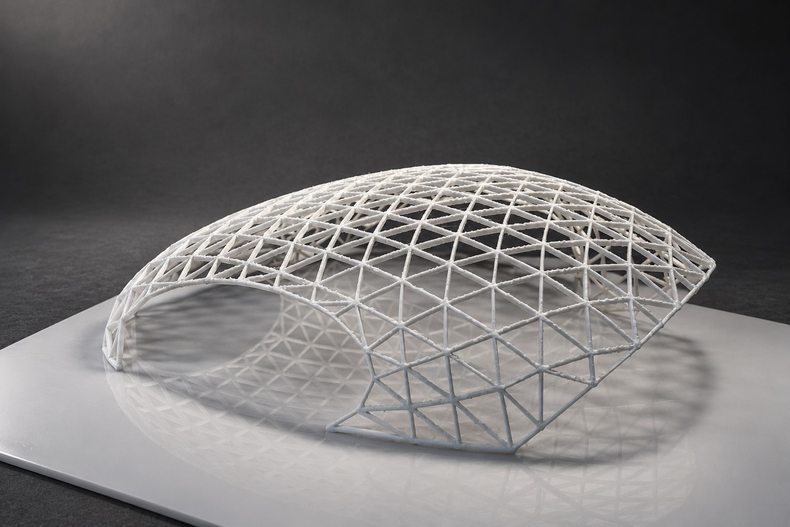 Nir Sivan Architects – 3D-printed model of the REUT Heart gridshell canopy (2025): the dome seen from the side