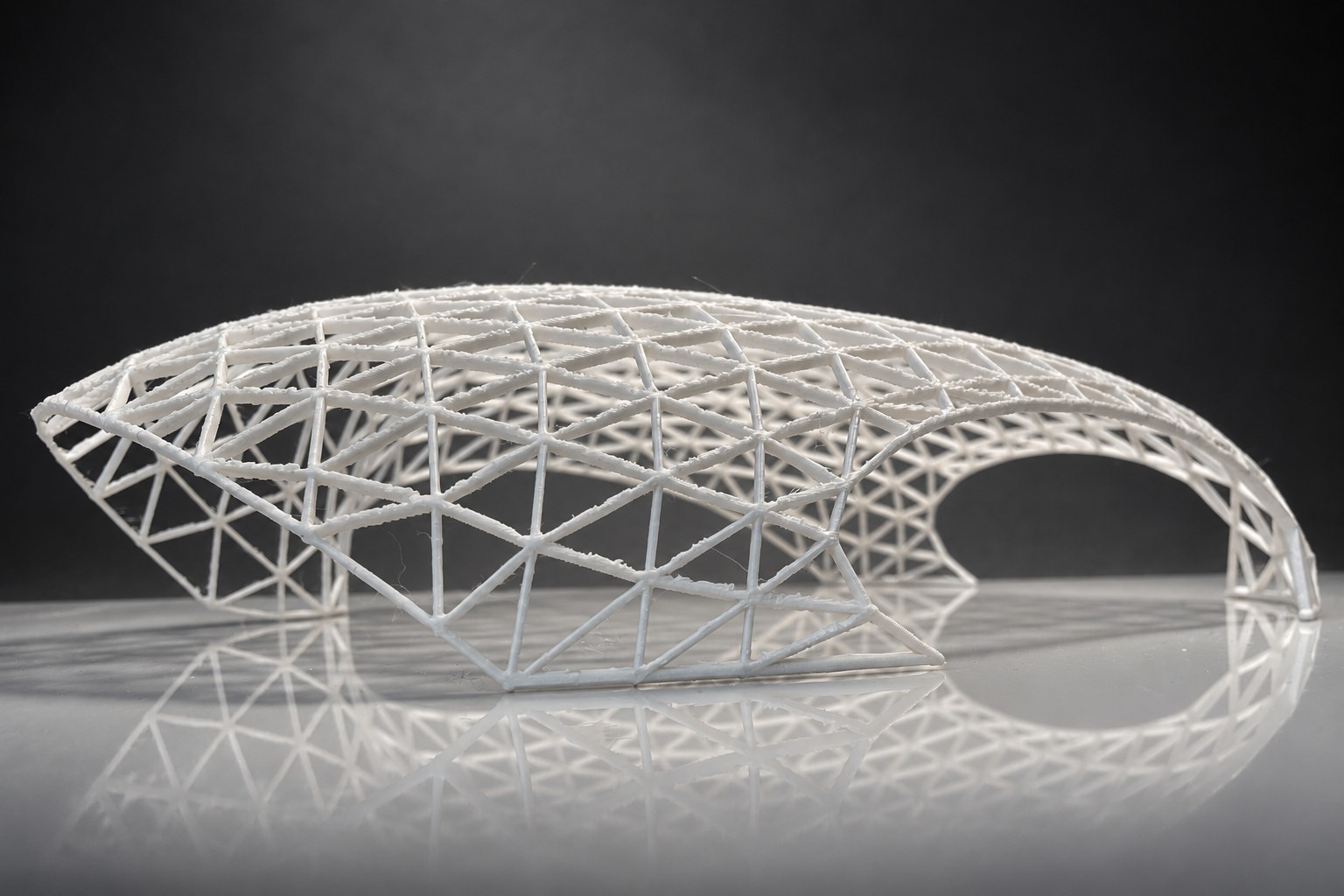 Nir Sivan Architects – 3D-printed model of the REUT Heart gridshell canopy (2025): the dome seen close, with its arch