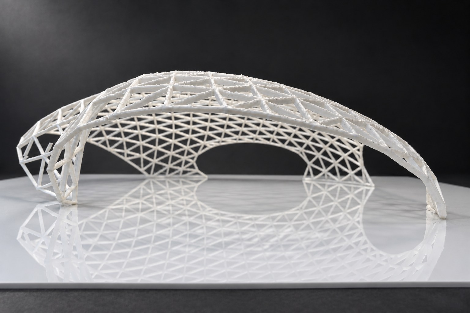Nir Sivan Architects – 3D-printed model of the REUT Heart gridshell canopy (2025): looking under the front arch of the dome