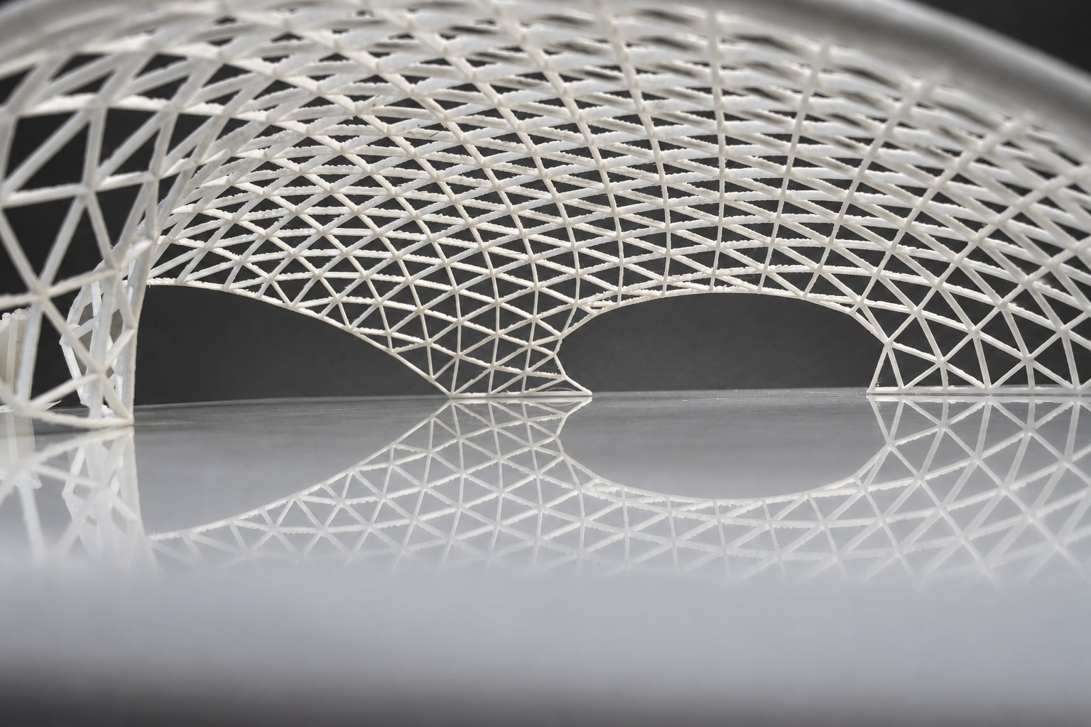 Nir Sivan Architects – 3D-printed model of the REUT Heart gridshell canopy (2025): extreme close-up of the lattice and its reflection