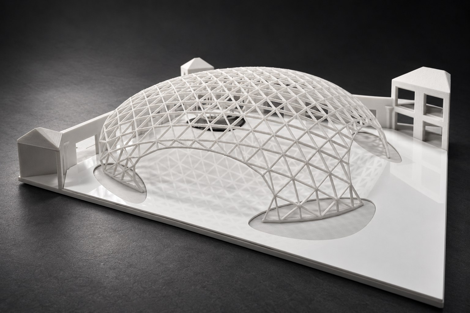 Nir Sivan Architects – 3D-printed model of the REUT Heart gridshell canopy (2025): the dome between the buildings of the site model