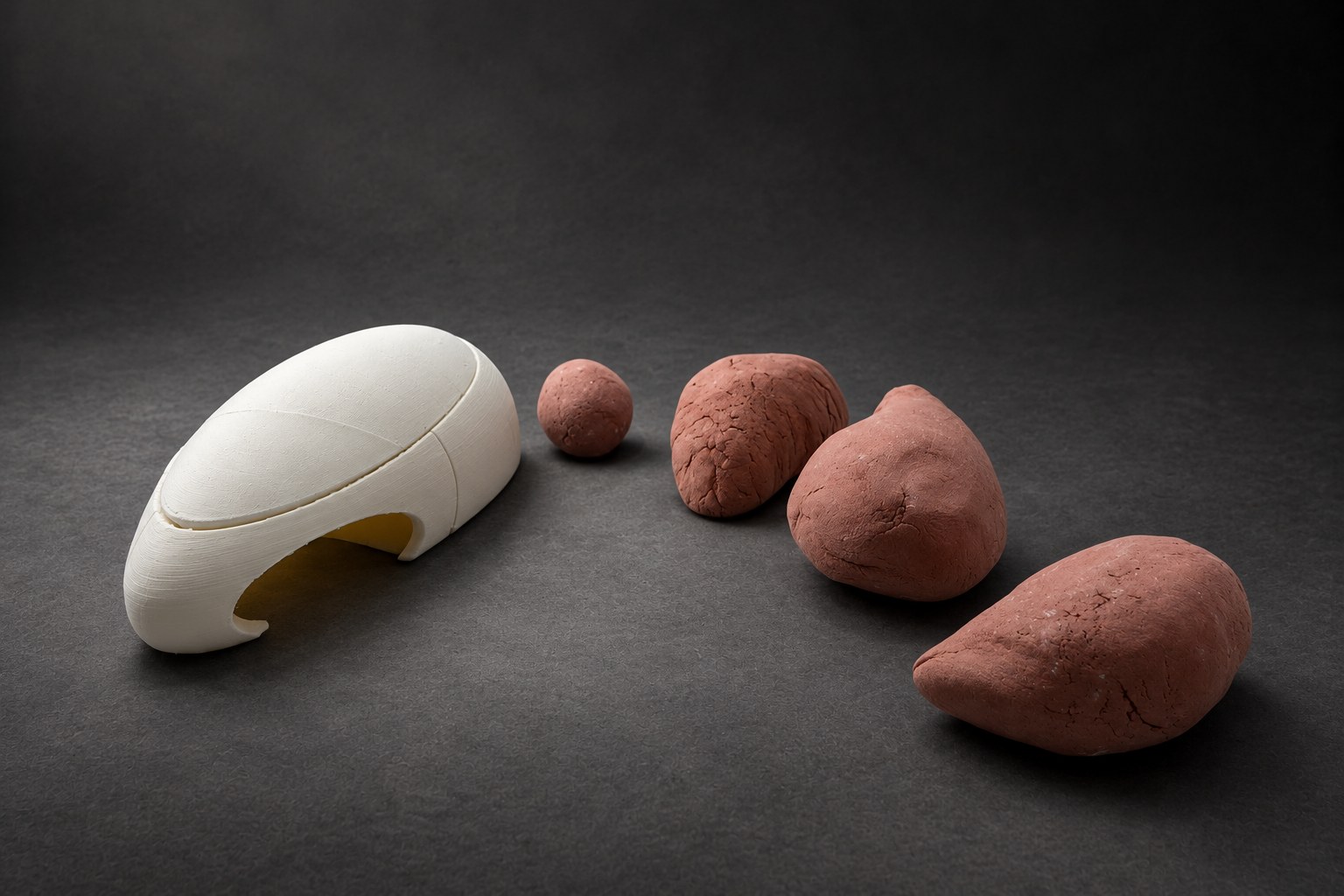 Nir Sivan Architects – Clay and 3D-print studies for Selva, Costa Rica (2025): five bodies, one 3D print and four clay studies, placed as on the site