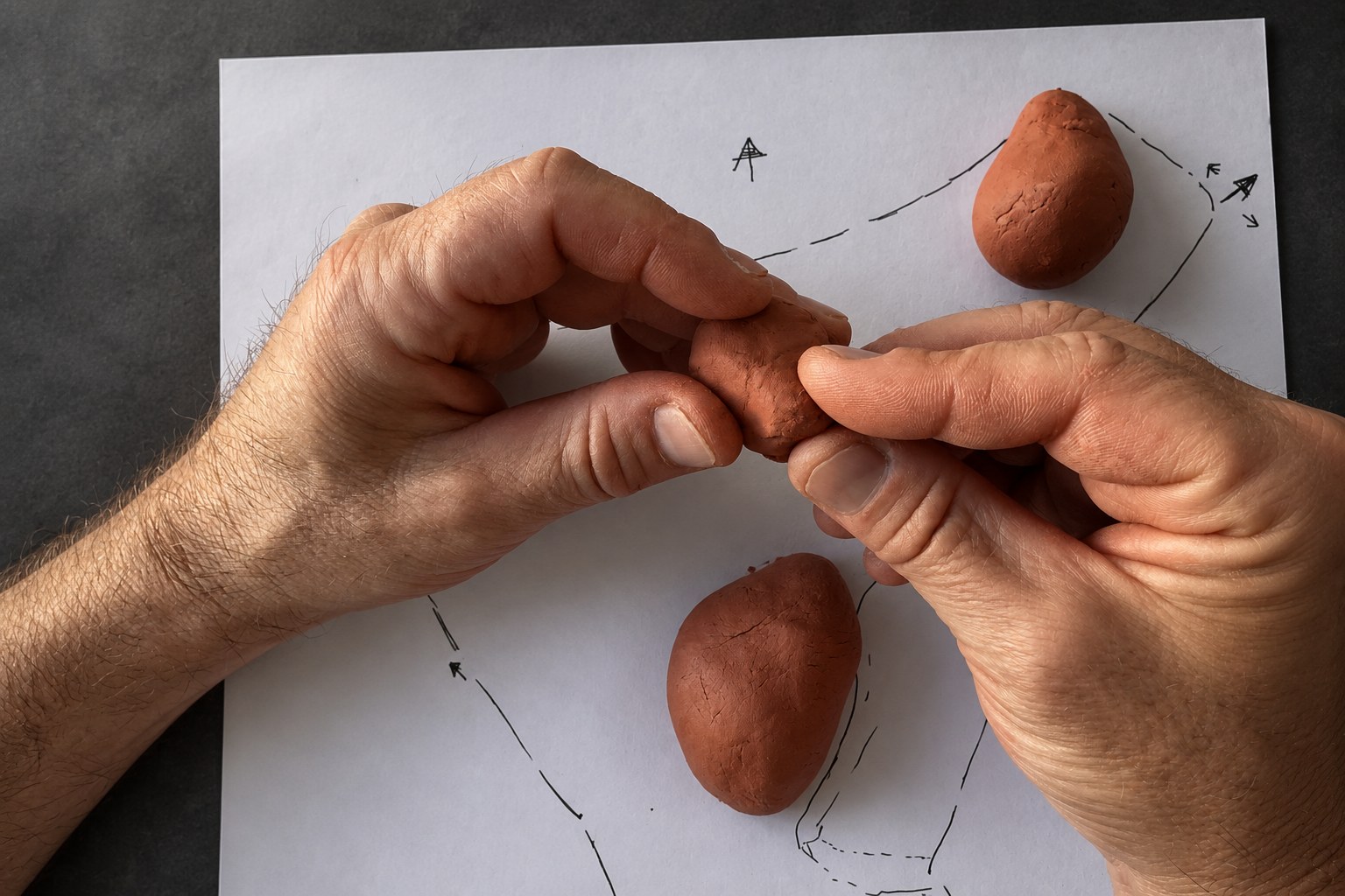Nir Sivan Architects – Clay and 3D-print studies for Selva, Costa Rica (2025): Nir Sivan’s hands shaping a clay body over the site drawing