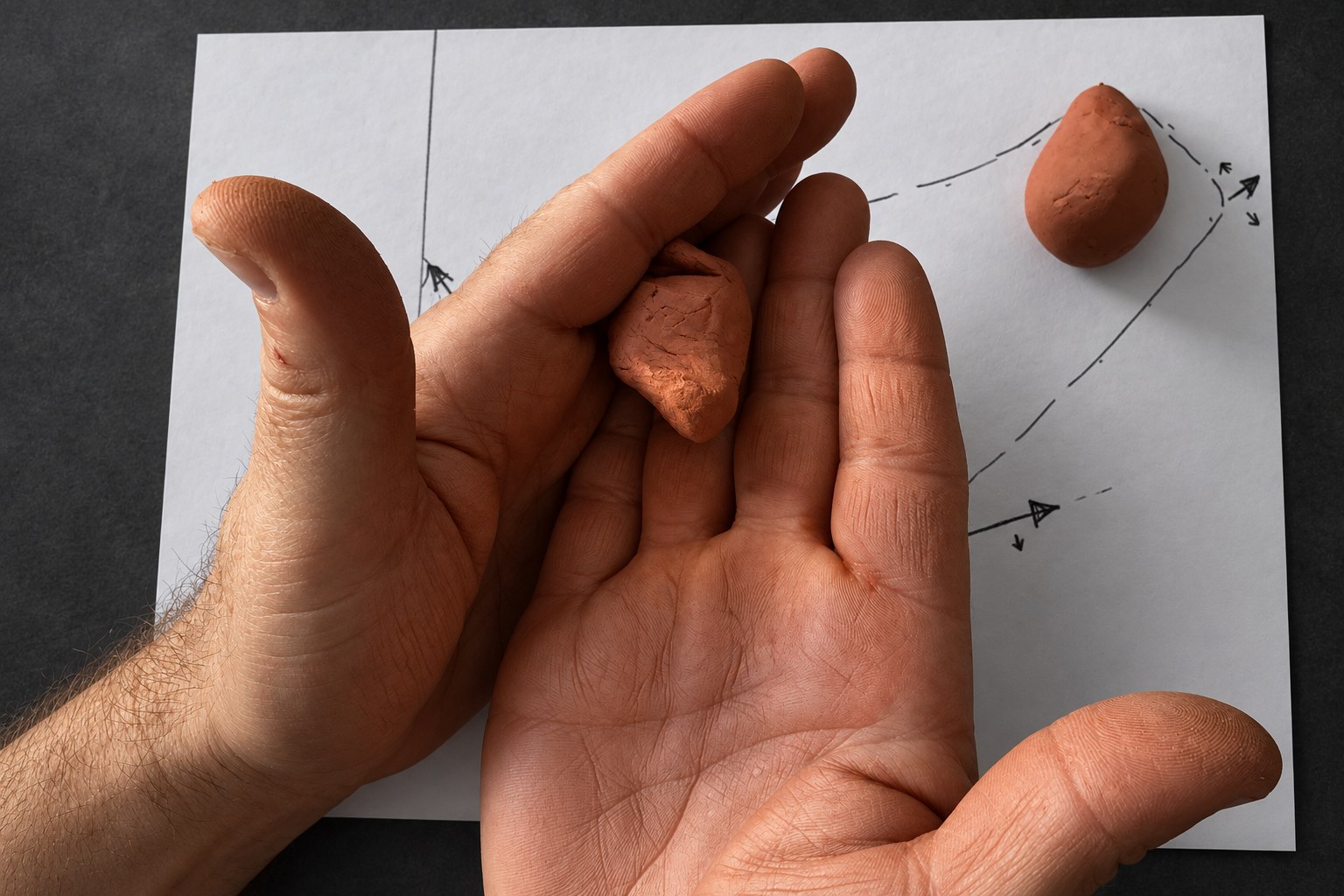 Nir Sivan Architects – Clay and 3D-print studies for Selva, Costa Rica (2025): a clay body in the palm of the hand, over the site drawing