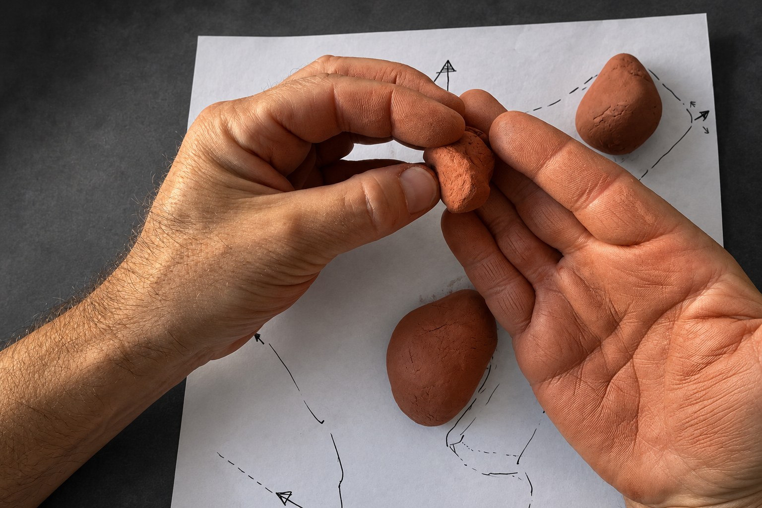Nir Sivan Architects – Clay and 3D-print studies for Selva, Costa Rica (2025): two hands pinching a clay body over the site drawing