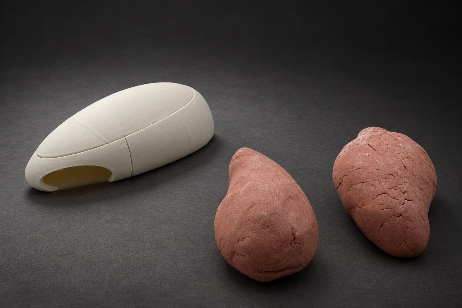 Nir Sivan Architects – Clay and 3D-print studies for Selva, Costa Rica (2025): the 3D-printed suite next to two clay bodies