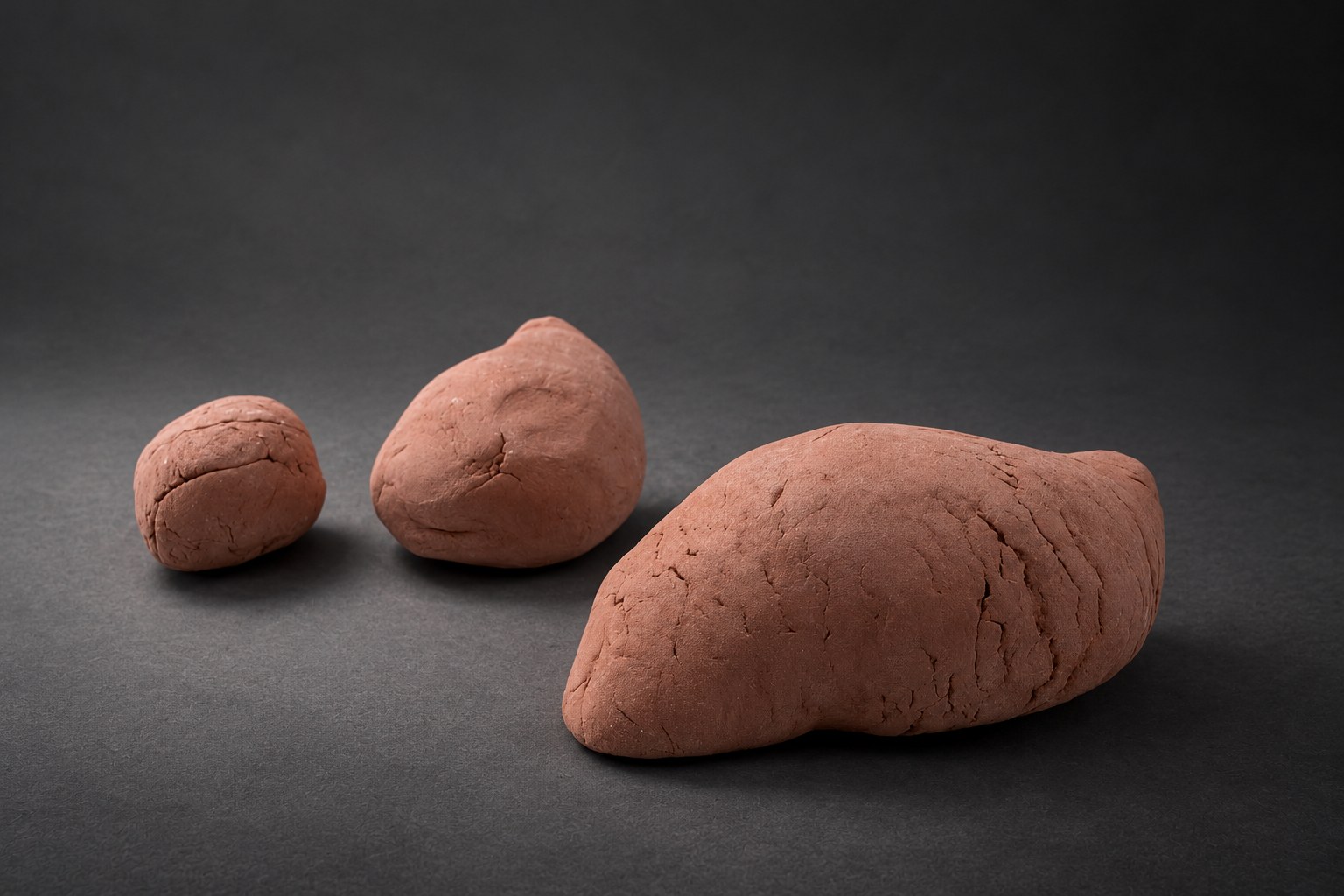 Nir Sivan Architects – Clay and 3D-print studies for Selva, Costa Rica (2025): three clay bodies with their cracks and finger marks