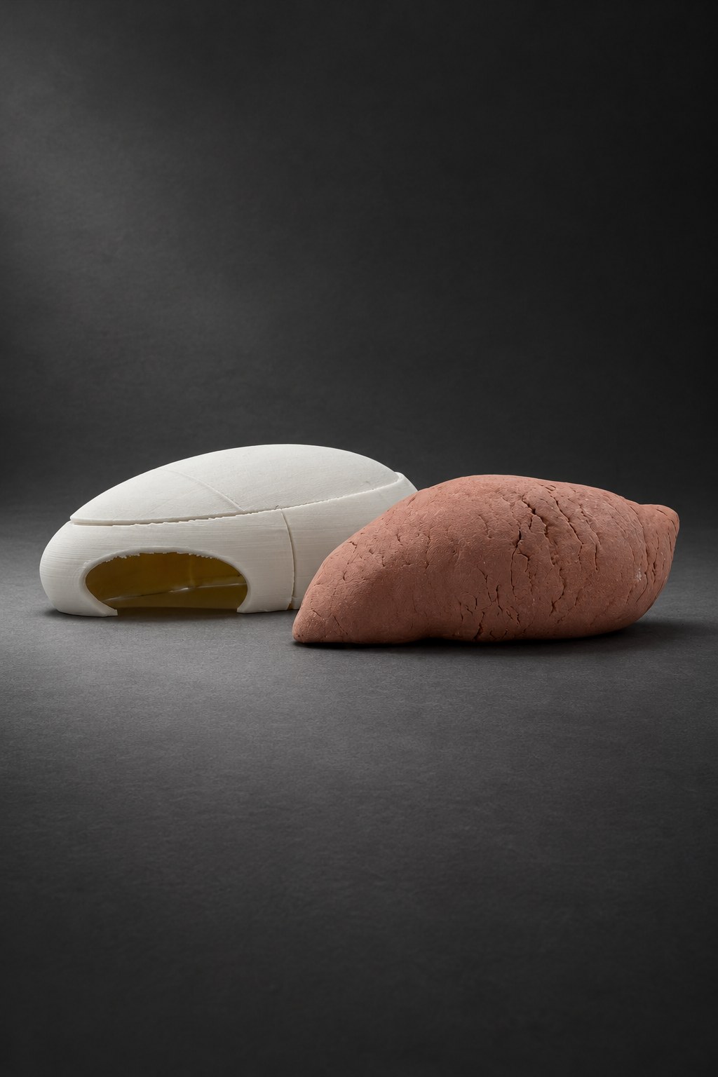 Nir Sivan Architects – Clay and 3D-print studies for Selva, Costa Rica (2025): the 3D-printed suite with its amber interior and a clay body, close
