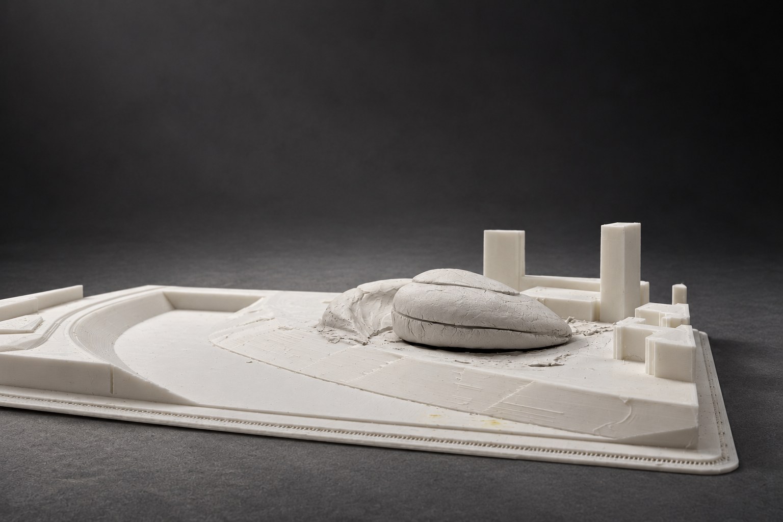 Nir Sivan Architects – Clay study for the Vilnius Congress Centre (2025): the whole site model with the clay study