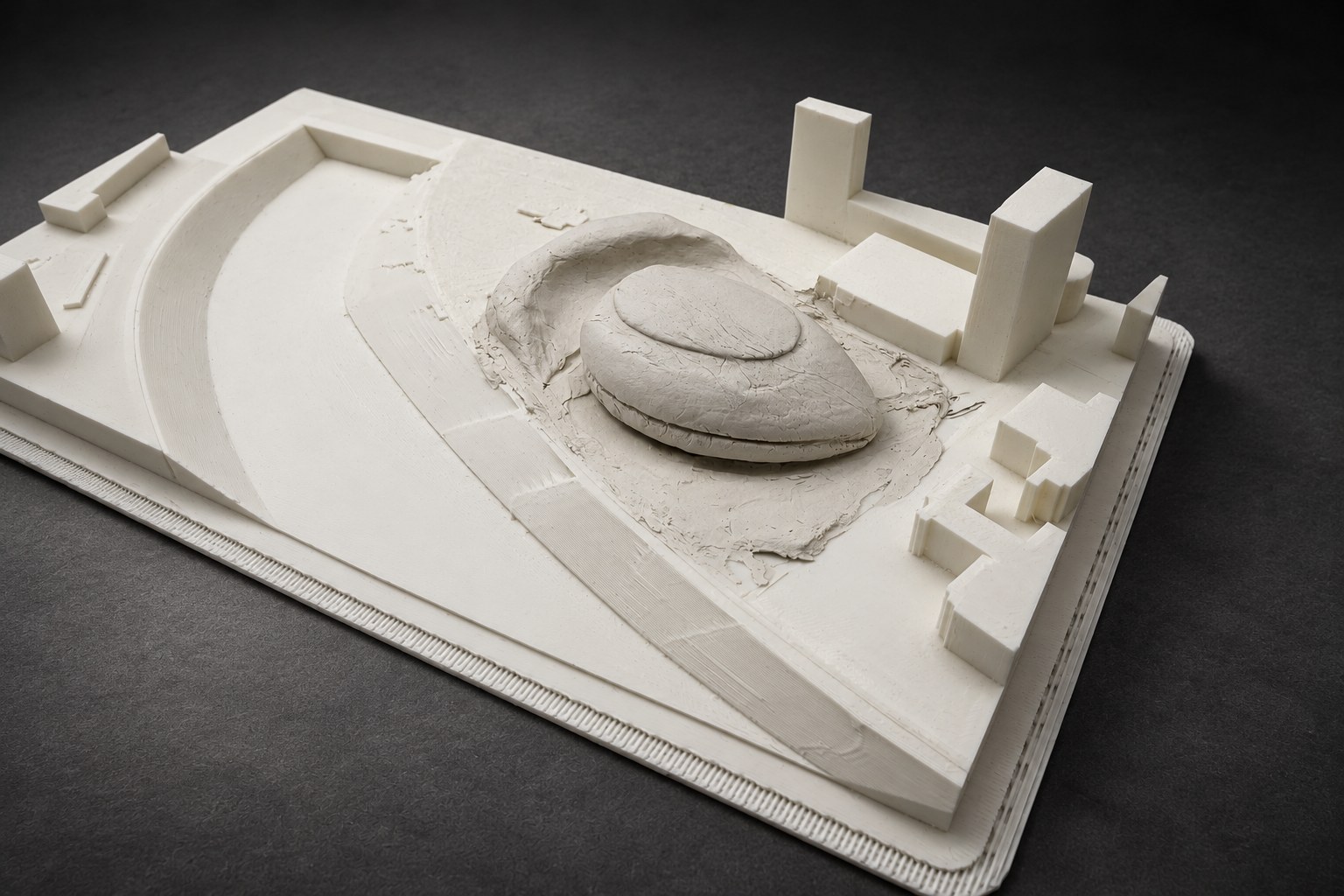 Nir Sivan Architects – Clay study for the Vilnius Congress Centre (2025): the site model with the clay study, seen from above