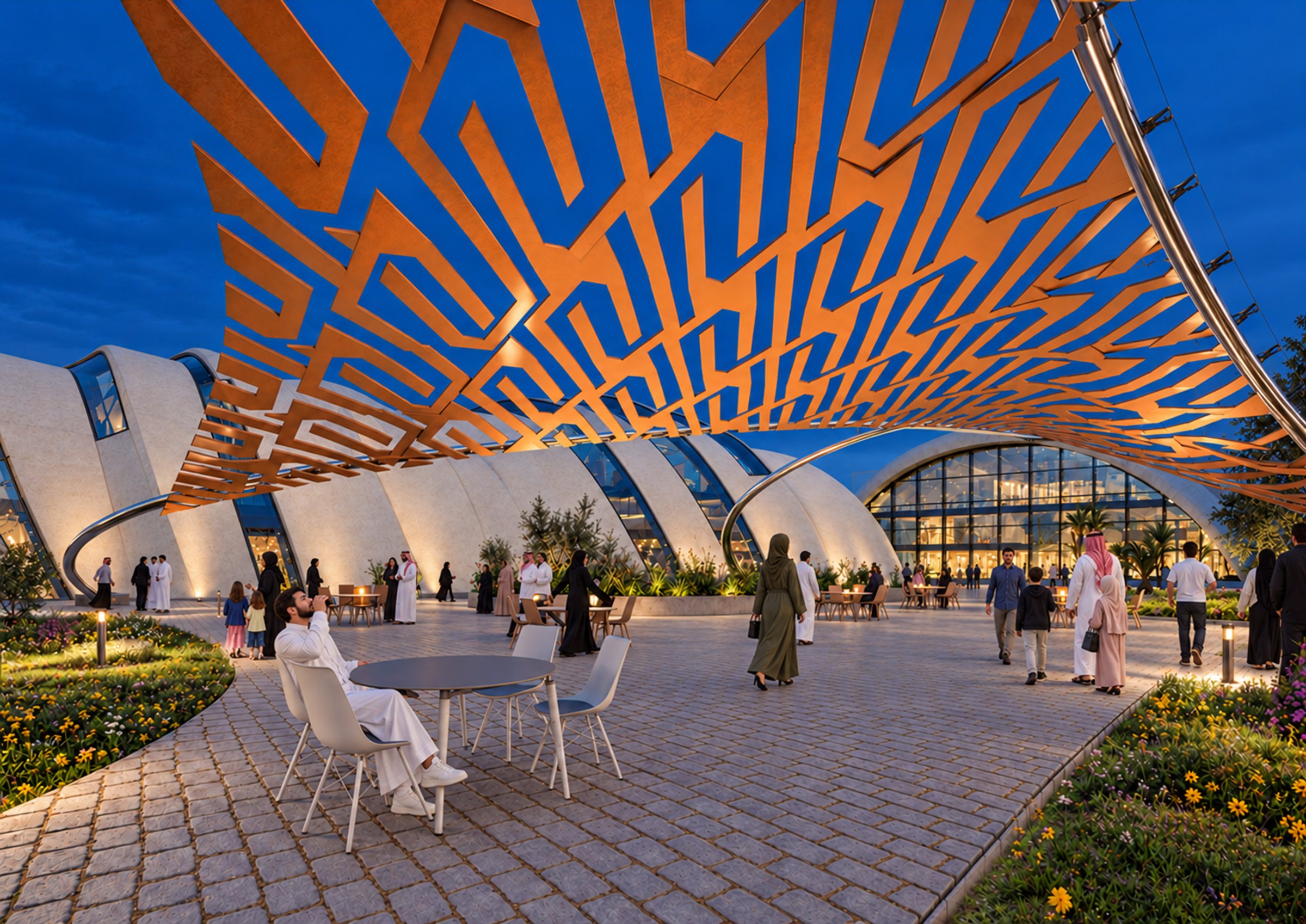 Nir Sivan Architects – SQUARES Center, Al-Khobar, Saudi Arabia: courtyard under the perforated copper canopy (render)