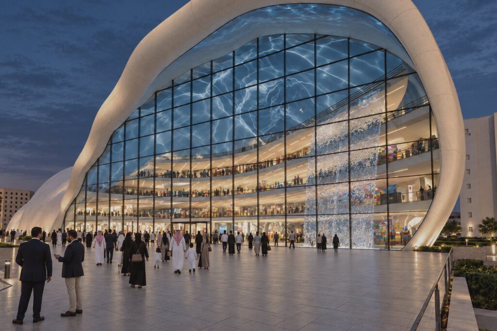 Nir Sivan Architects – SQUARES Center, Al-Khobar, Saudi Arabia: Night view of the glass-and-shell entrance (card)