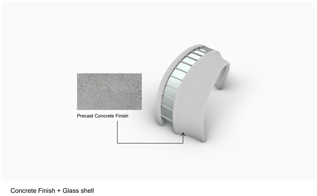 Nir Sivan Architects – SQUARES Center, Al-Khobar, Saudi Arabia: construction sequence of the precast concrete and glass shell, step 6 of 7, Concrete finish and glass shell