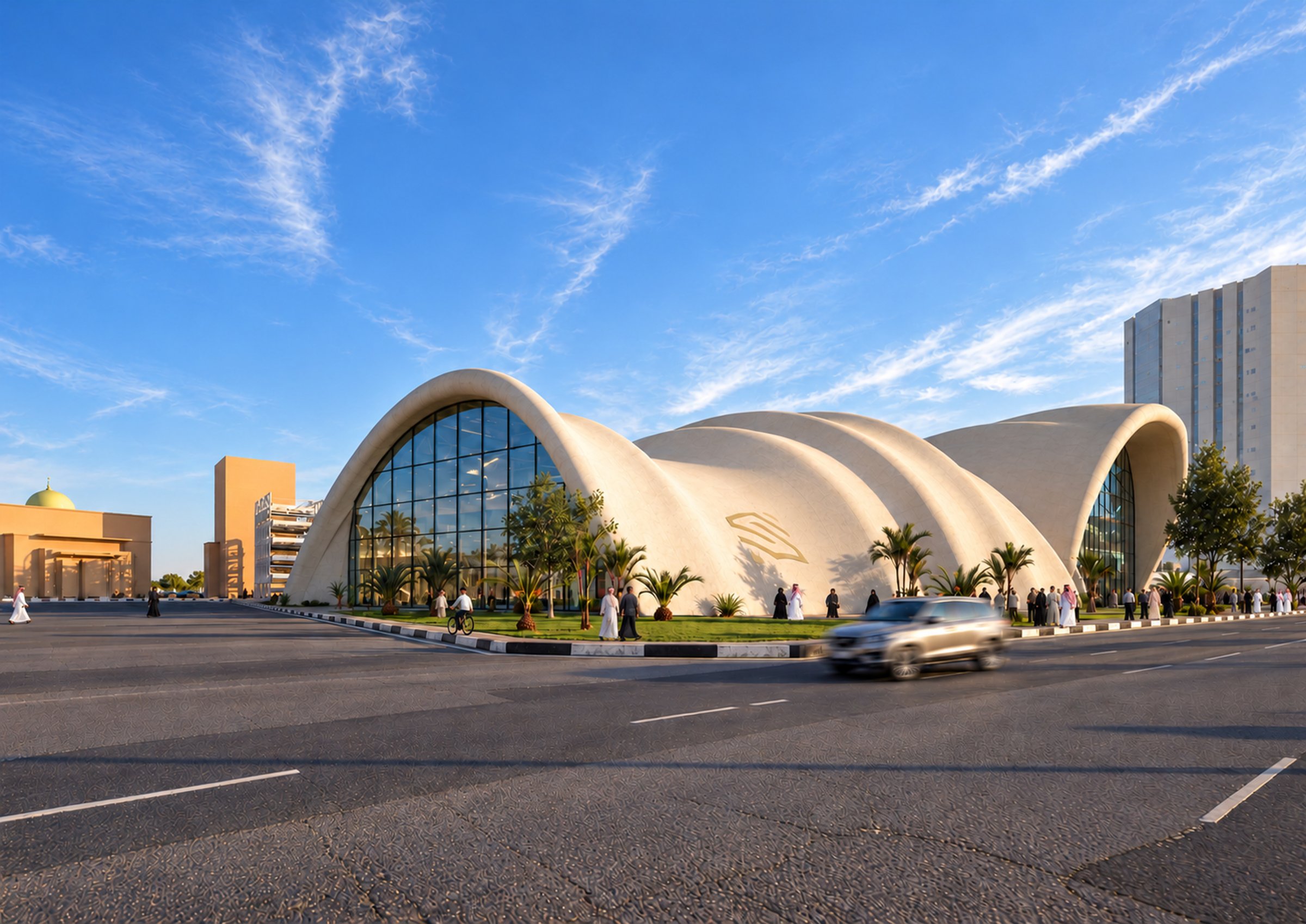 Nir Sivan Architects – SQUARES Center, Al-Khobar, Saudi Arabia: day view of the shell envelope from the avenue (render)