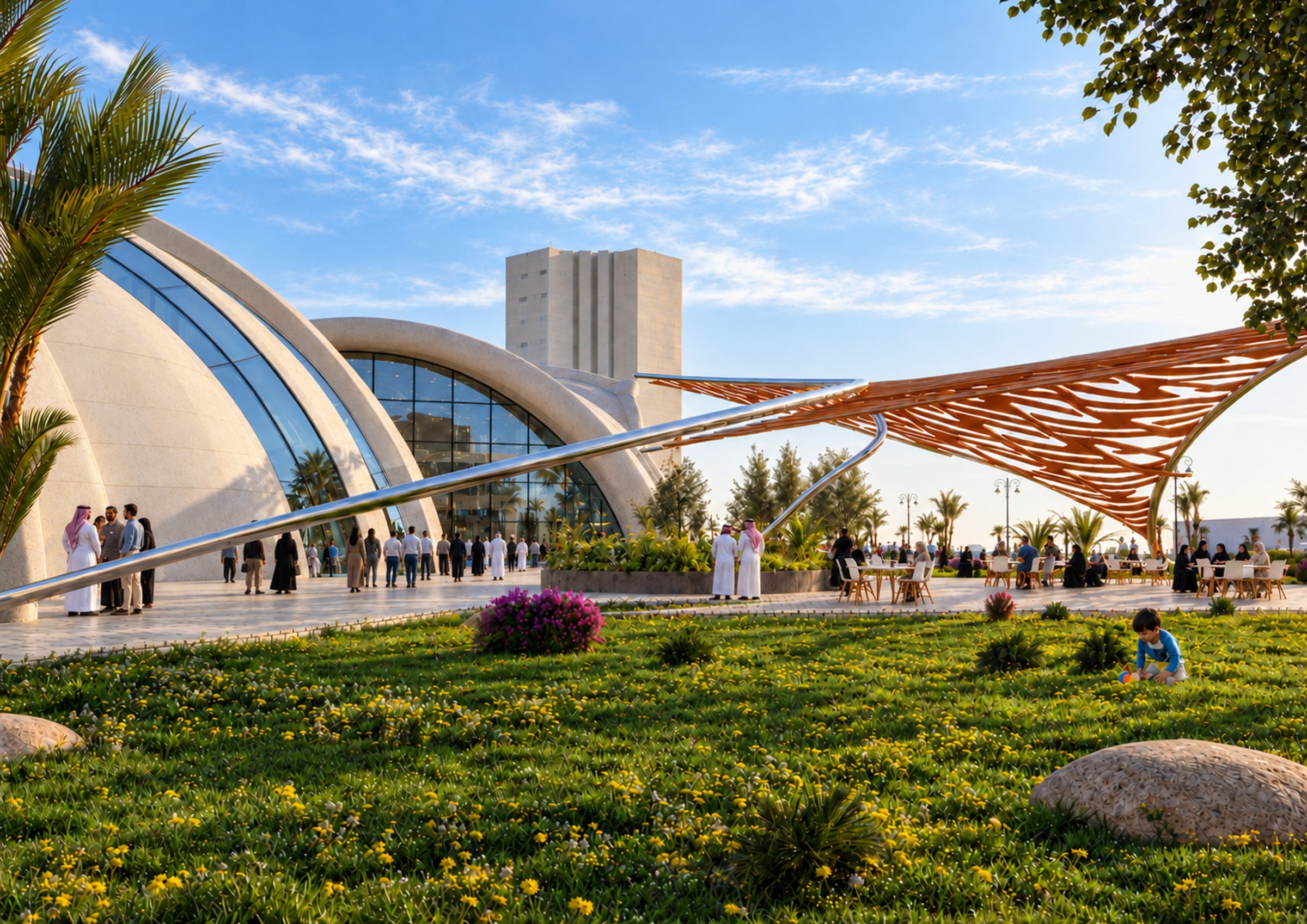 Nir Sivan Architects – SQUARES Center, Al-Khobar, Saudi Arabia: garden and the perforated copper canopy (render)