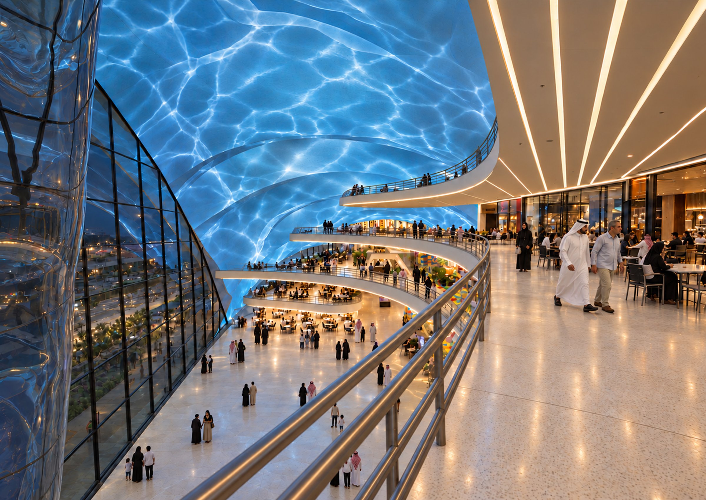 Nir Sivan Architects – SQUARES Center, Al-Khobar, Saudi Arabia: interior atrium with the caustic light of the sea on the ceiling (render)