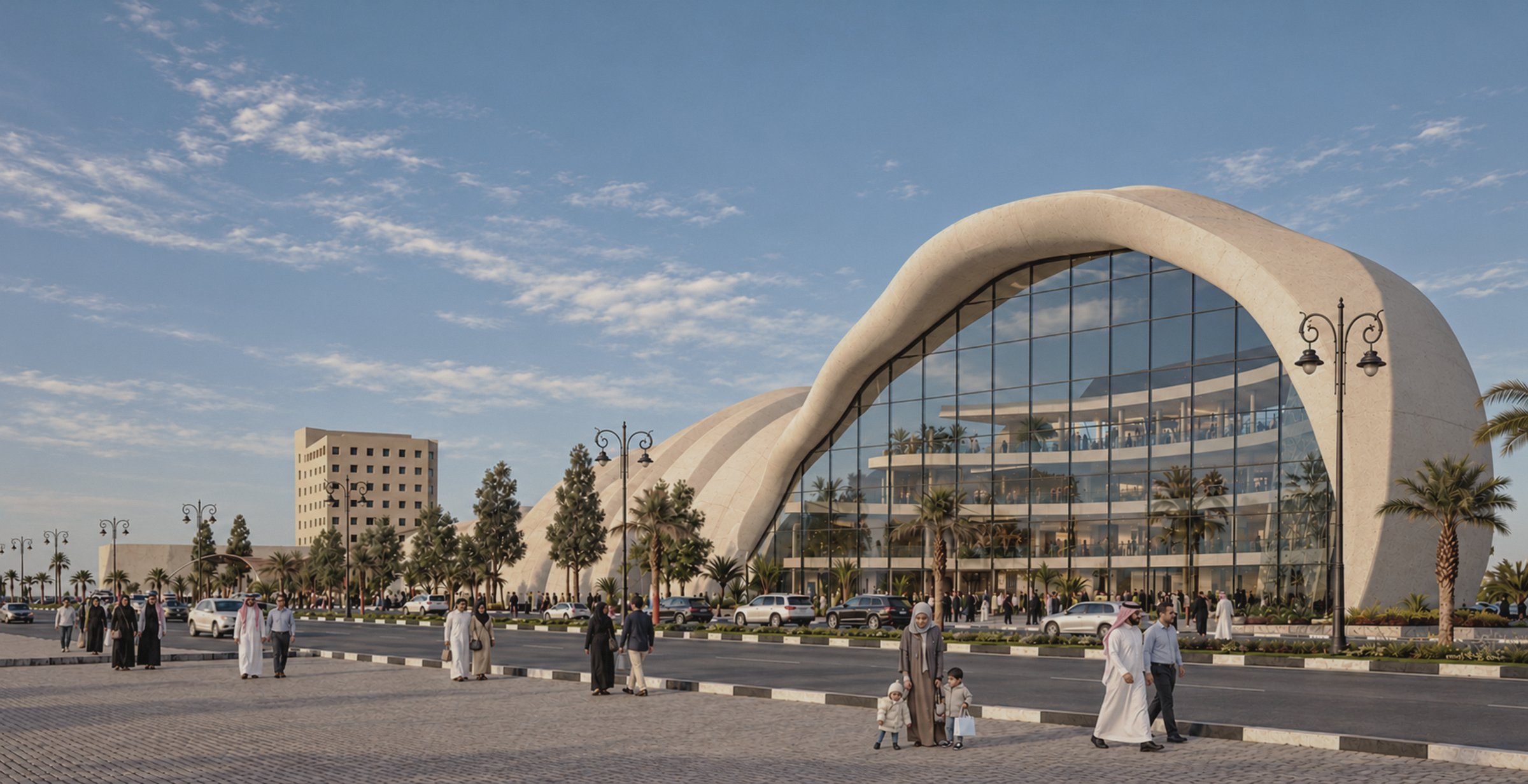 Nir Sivan Architects – SQUARES Center, Al-Khobar, Saudi Arabia: main facade seen from the street, whole building with people (render)