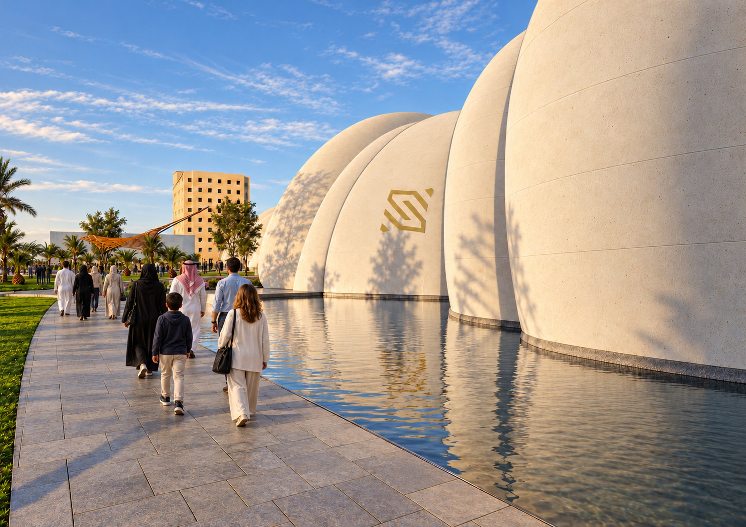 Nir Sivan Architects – SQUARES Center, Al-Khobar, Saudi Arabia: precast concrete shell volumes reflected in the water channel (render)